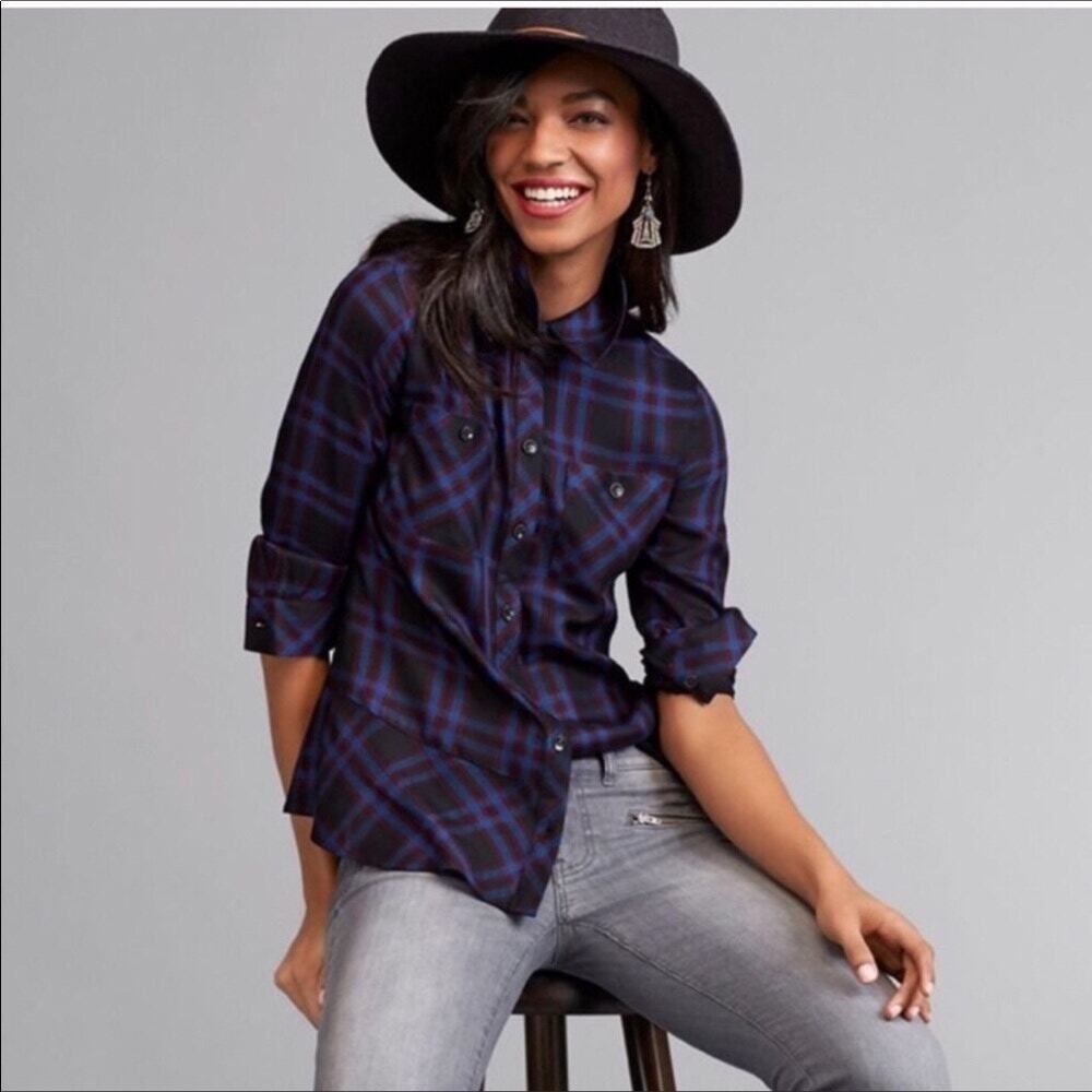 CAbi Blue Moody Plaid Button Down Top Peplum Top Sz Medium #3431